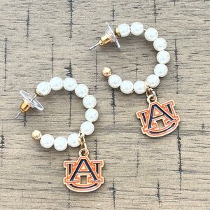 Auburn Pearl Hoop Earrings w/Auburn Logo, NIP, enamel charm and pearl like bead